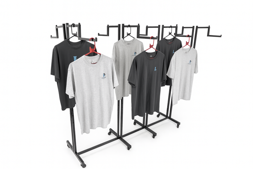 Heavy Duty 8-Way Step Arm Clothing Rail – Adjustable Black Retail Display Stand  with Castors & Brakes
