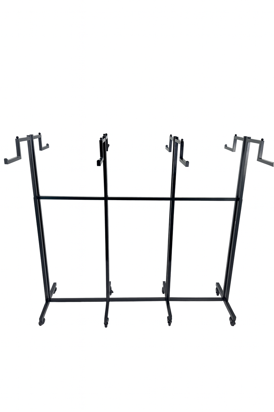Heavy Duty 8-Way Step Arm Clothing Rail – Adjustable Black Retail Display Stand  with Castors & Brakes