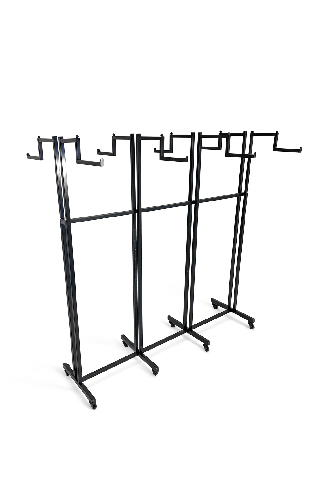 Heavy Duty 8-Way Step Arm Clothing Rail – Adjustable Black Retail Display Stand  with Castors & Brakes