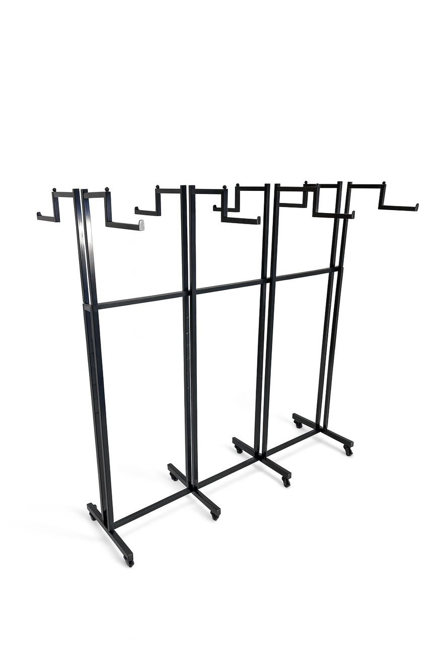 Heavy Duty 8-Way Step Arm Clothing Rail – Adjustable Black Retail Display Stand  with Castors & Brakes