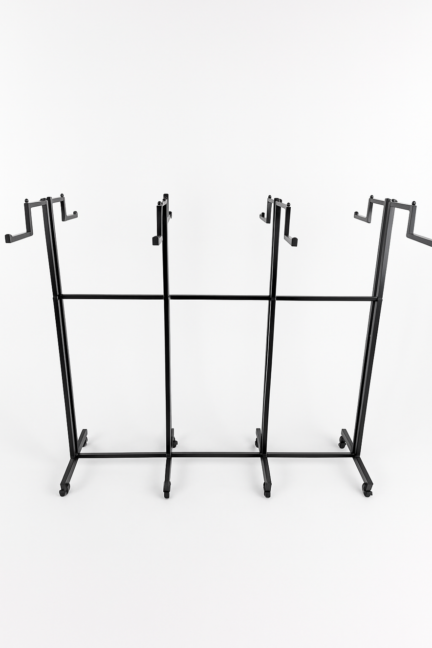 Heavy Duty 8-Way Step Arm Clothing Rail – Adjustable Black Retail Display Stand  with Castors & Brakes