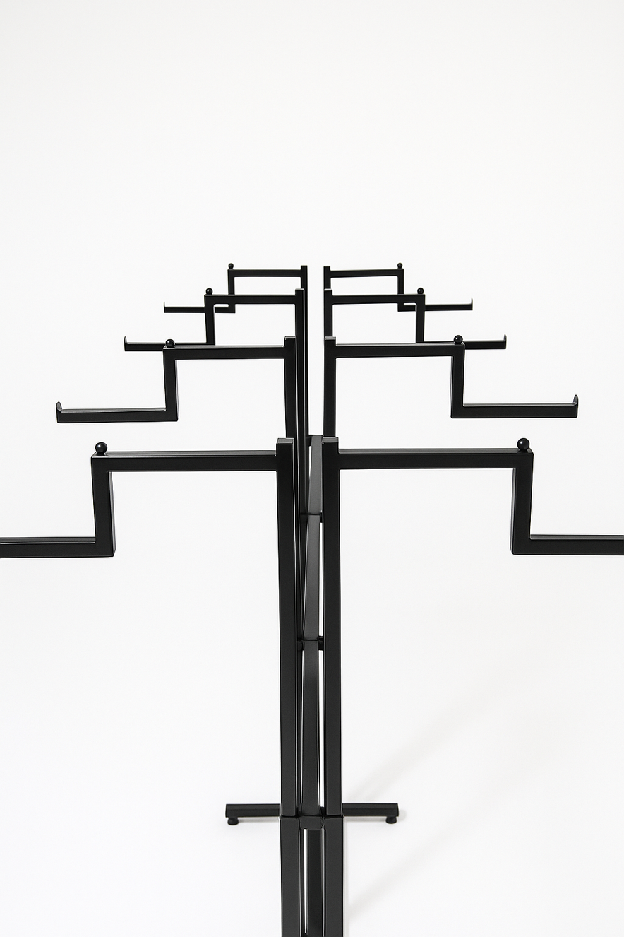 Heavy Duty 8-Way Step Arm Clothing Rail – Adjustable Black Retail Display Stand  with Castors & Brakes