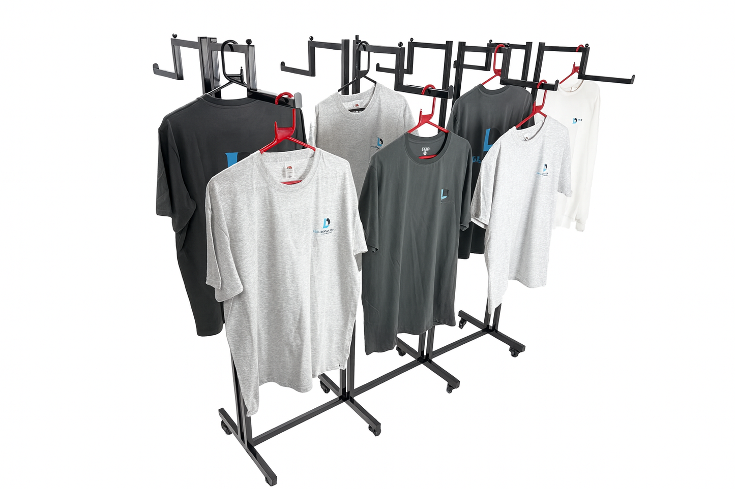 Heavy Duty 8-Way Step Arm Clothing Rail – Adjustable Black Retail Display Stand  with Castors & Brakes