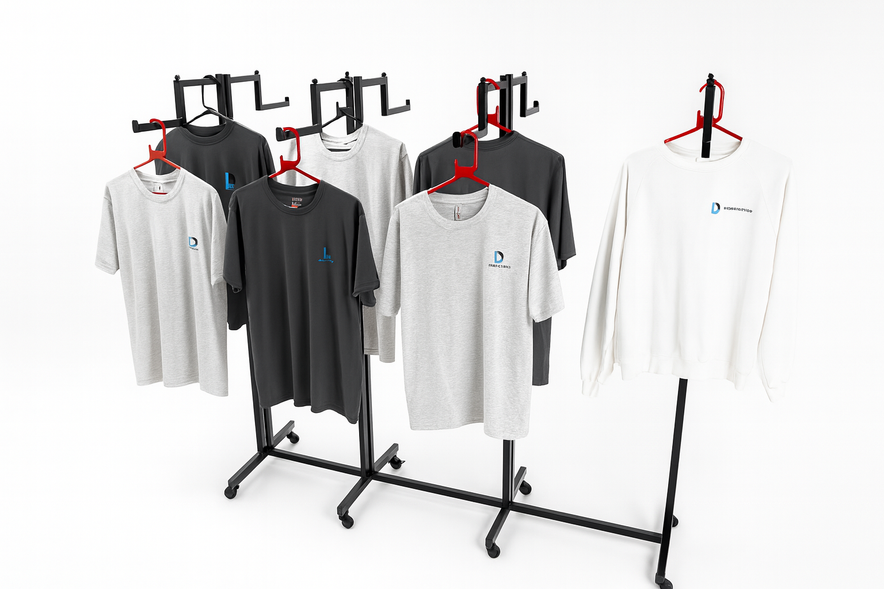 Heavy Duty 8-Way Step Arm Clothing Rail – Adjustable Black Retail Display Stand  with Castors & Brakes