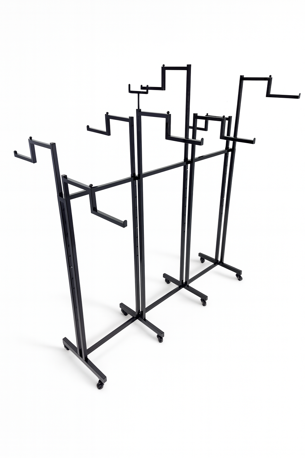 Heavy Duty 8-Way Step Arm Clothing Rail – Adjustable Black Retail Display Stand  with Castors & Brakes