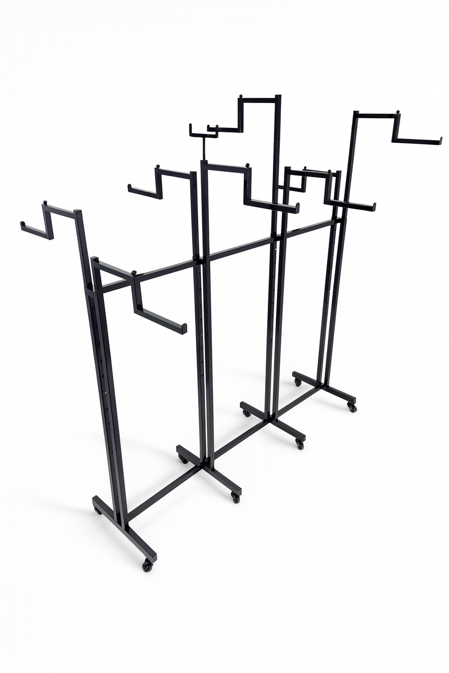 Heavy Duty 8-Way Step Arm Clothing Rail – Adjustable Black Retail Display Stand  with Castors & Brakes
