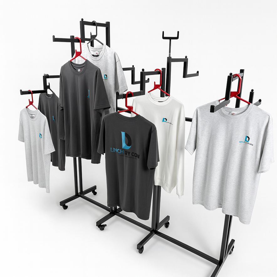 Heavy Duty 8-Way Step Arm Clothing Rail – Adjustable Black Retail Display Stand  with Castors & Brakes