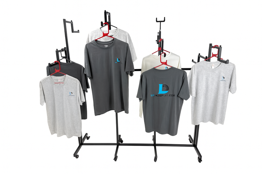 Heavy Duty 8-Way Step Arm Clothing Rail – Adjustable Black Retail Display Stand  with Castors & Brakes