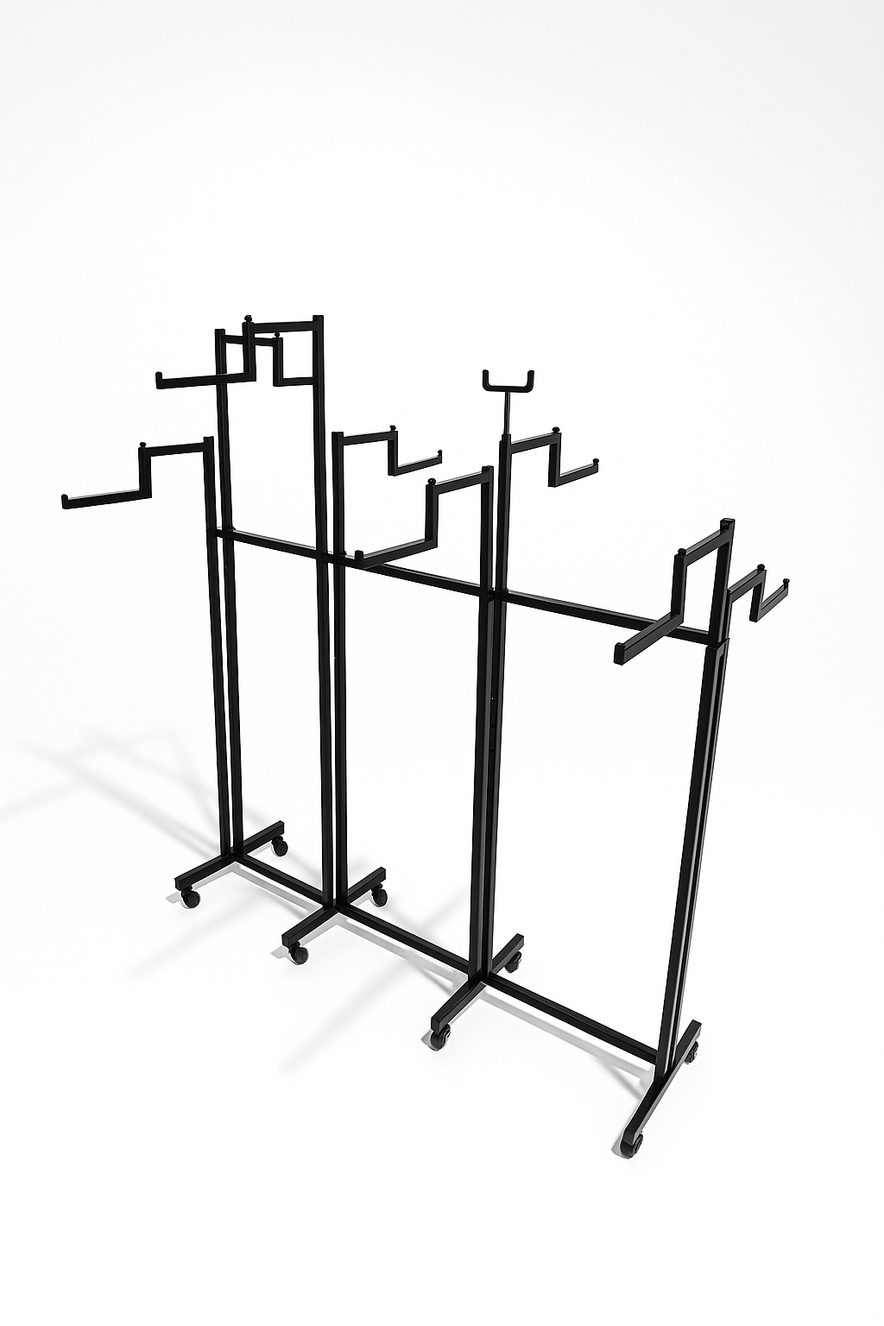 Heavy Duty 8-Way Step Arm Clothing Rail – Adjustable Black Retail Display Stand  with Castors & Brakes