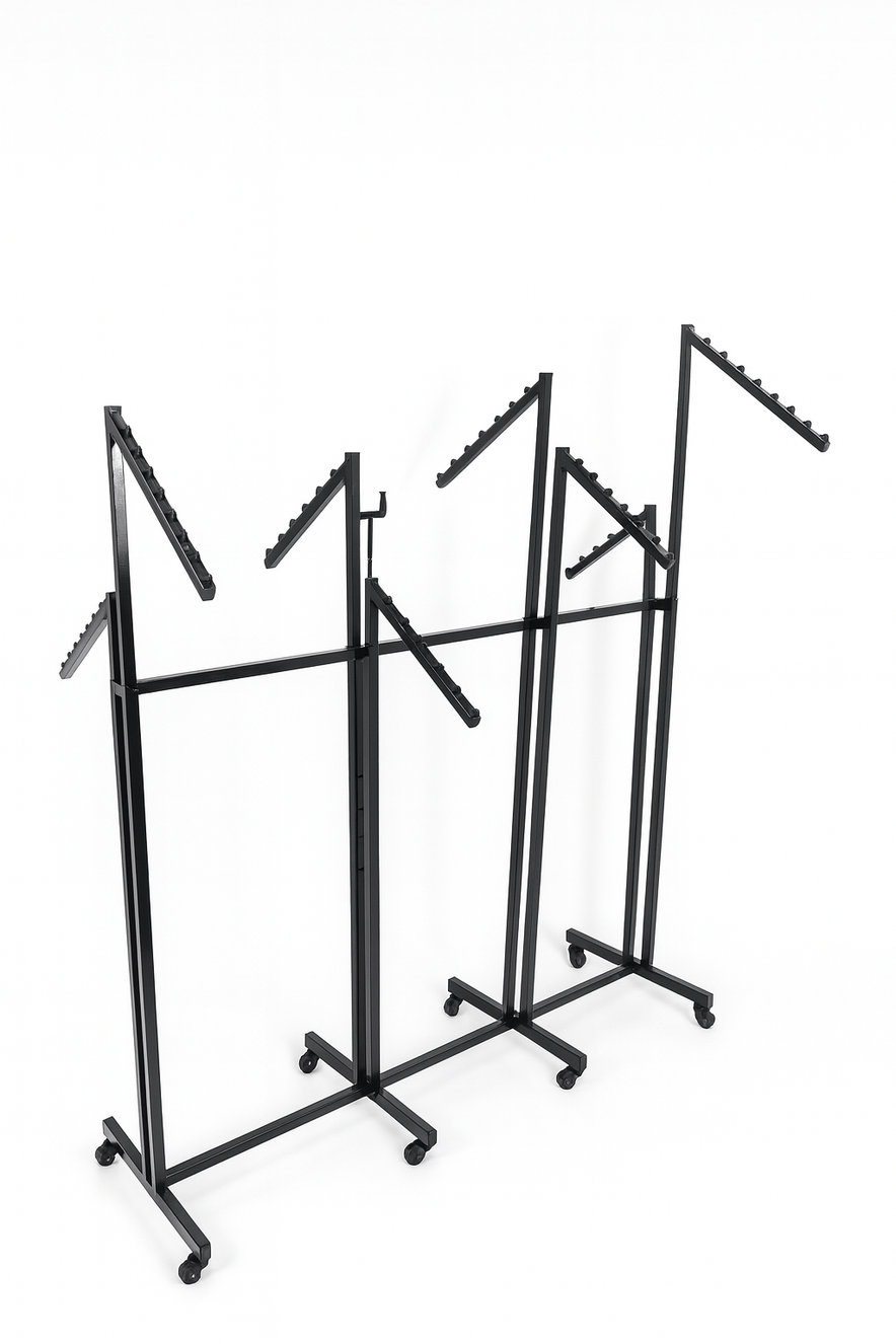 Heavy Duty 8-Way Waterfall Arm Clothing Rail - Adjustable Black Retail Display Stand  with Castors & Brakes