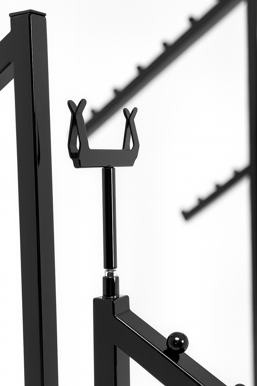 Heavy Duty 8-Way Waterfall Arm Clothing Rail - Adjustable Black Retail Display Stand  with Castors & Brakes