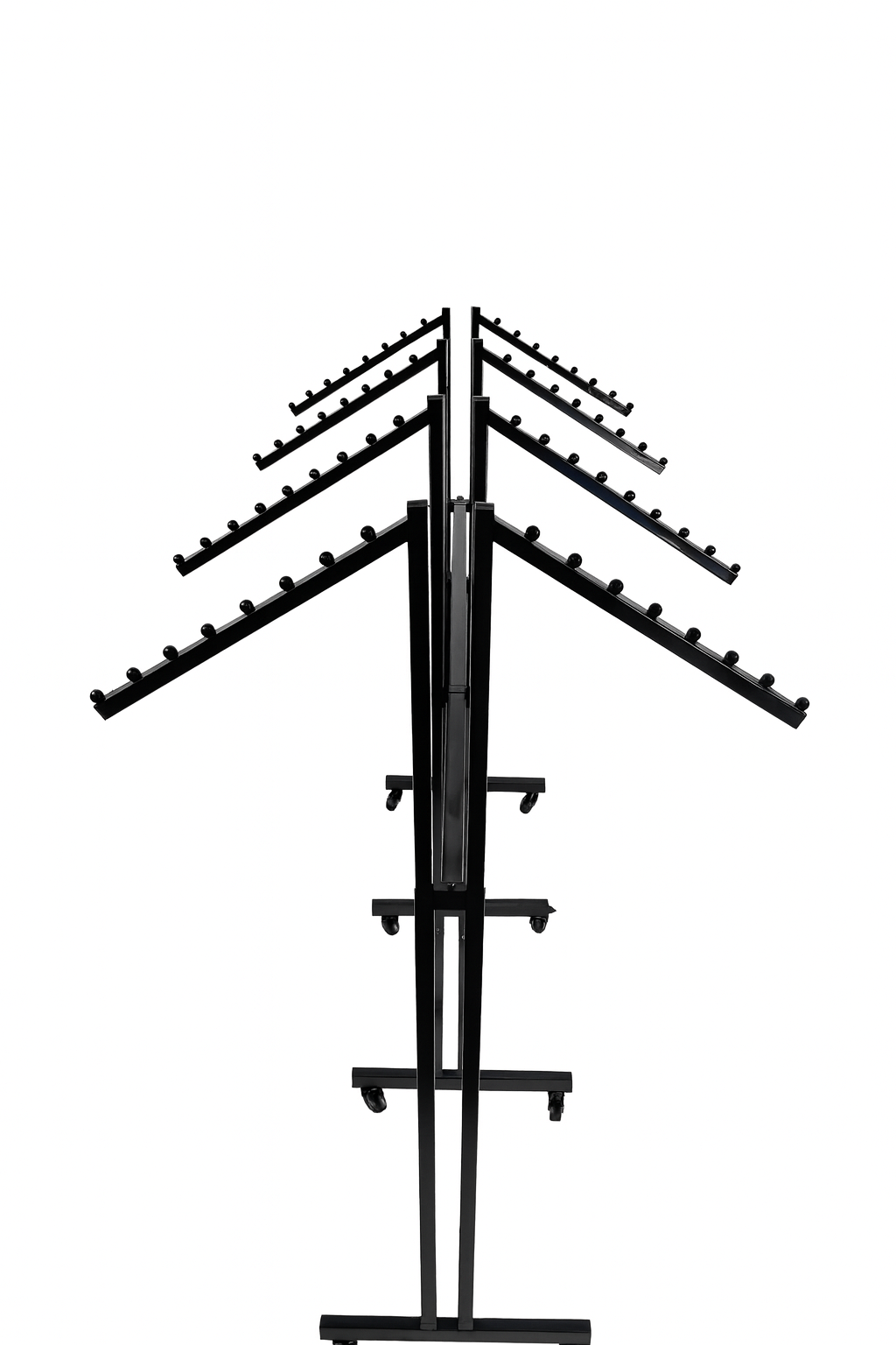 Heavy Duty 8-Way Waterfall Arm Clothing Rail - Adjustable Black Retail Display Stand  with Castors & Brakes