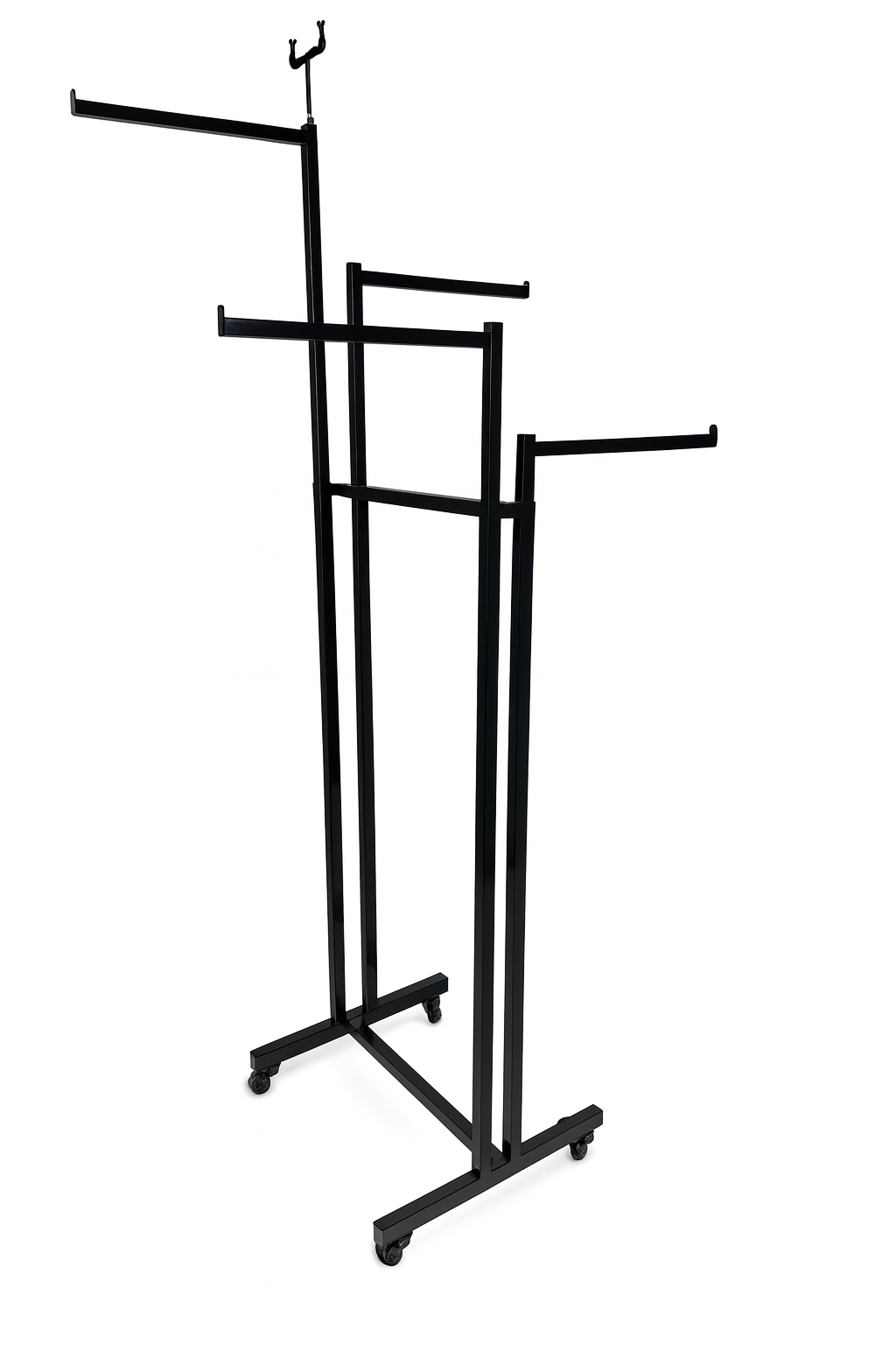 Heavy Duty 4-Way Straight Arm Clothing Rail – Adjustable Black Retail Display Stand  with Castors & Brakes