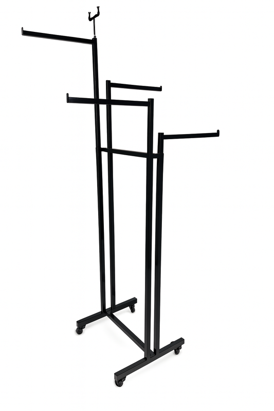 Heavy Duty 4-Way Straight Arm Clothing Rail – Adjustable Black Retail Display Stand  with Castors & Brakes