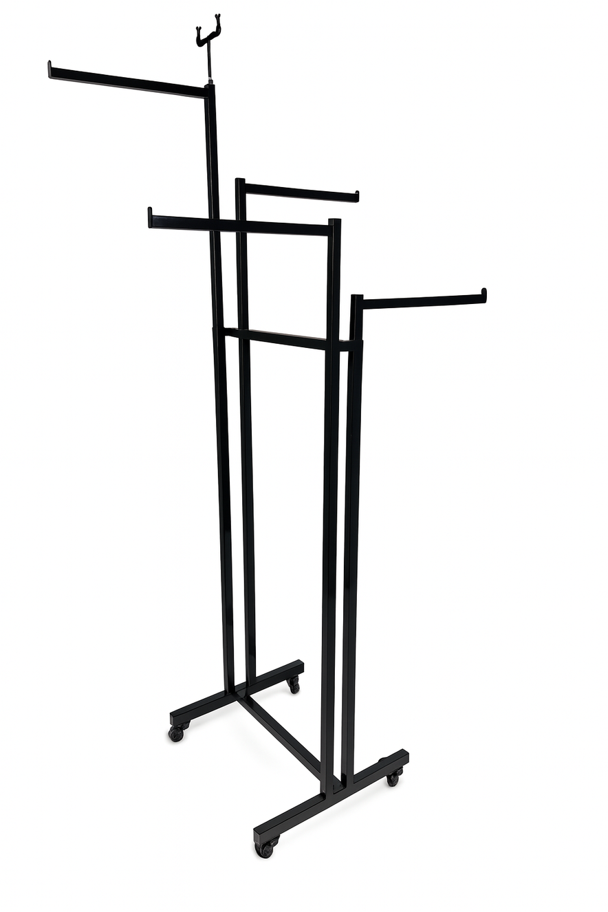 Heavy Duty 4-Way Straight Arm Clothing Rail – Adjustable Black Retail Display Stand  with Castors & Brakes
