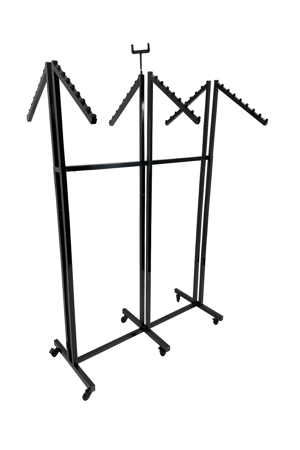 Heavy Duty 6-Way Waterfall Arm Clothing Rail – Adjustable Black Retail Display Stand  with Castors & Brakes