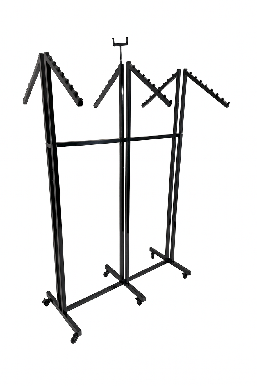 Heavy Duty 6-Way Waterfall Arm Clothing Rail – Adjustable Black Retail Display Stand  with Castors & Brakes