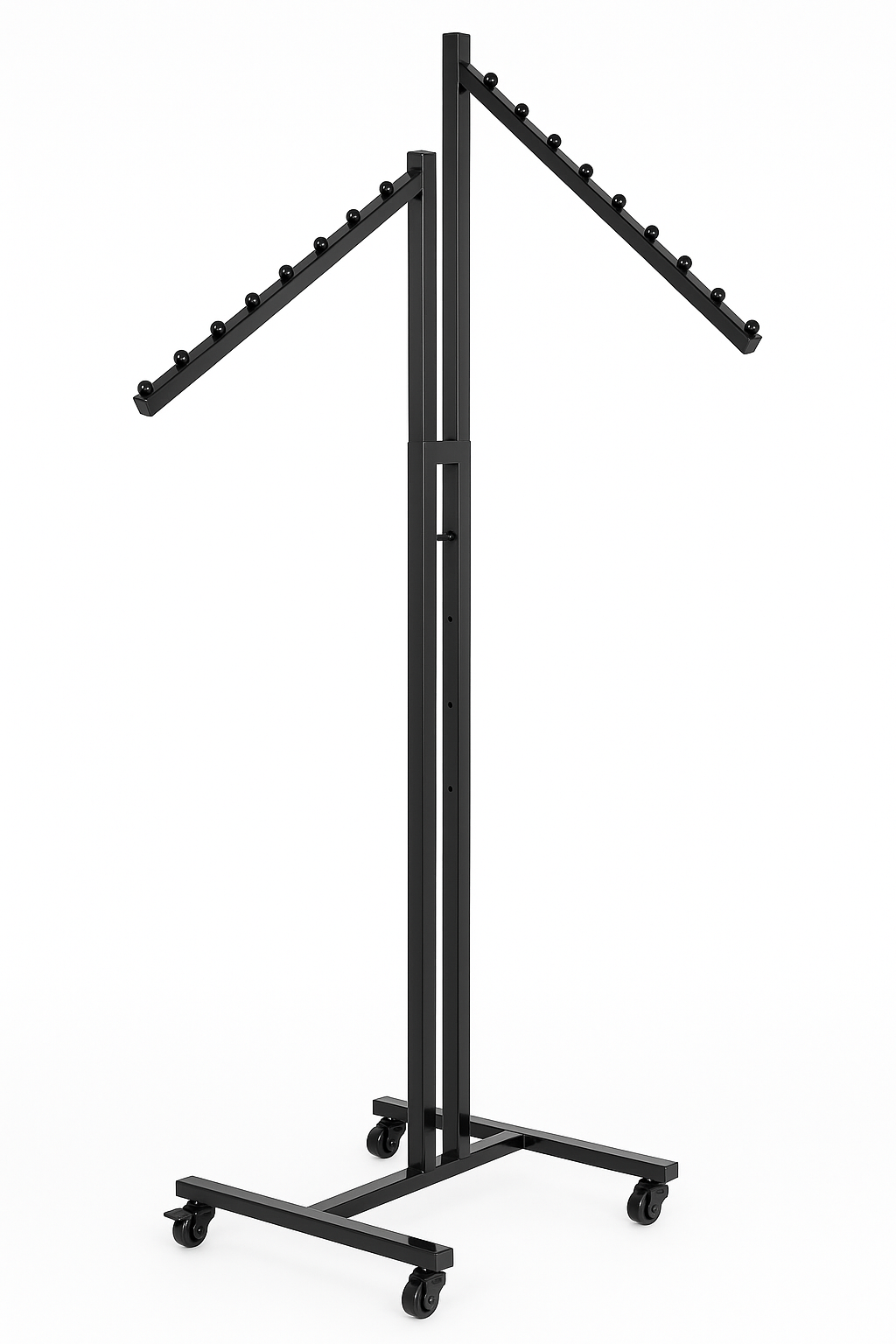 Heavy Duty 2-Way Sloping Arm Clothing Rail – Adjustable Black Retail Display Stand  with Castors & Brakes