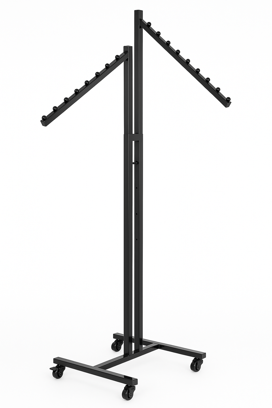Heavy Duty 2-Way Sloping Arm Clothing Rail – Adjustable Black Retail Display Stand  with Castors & Brakes