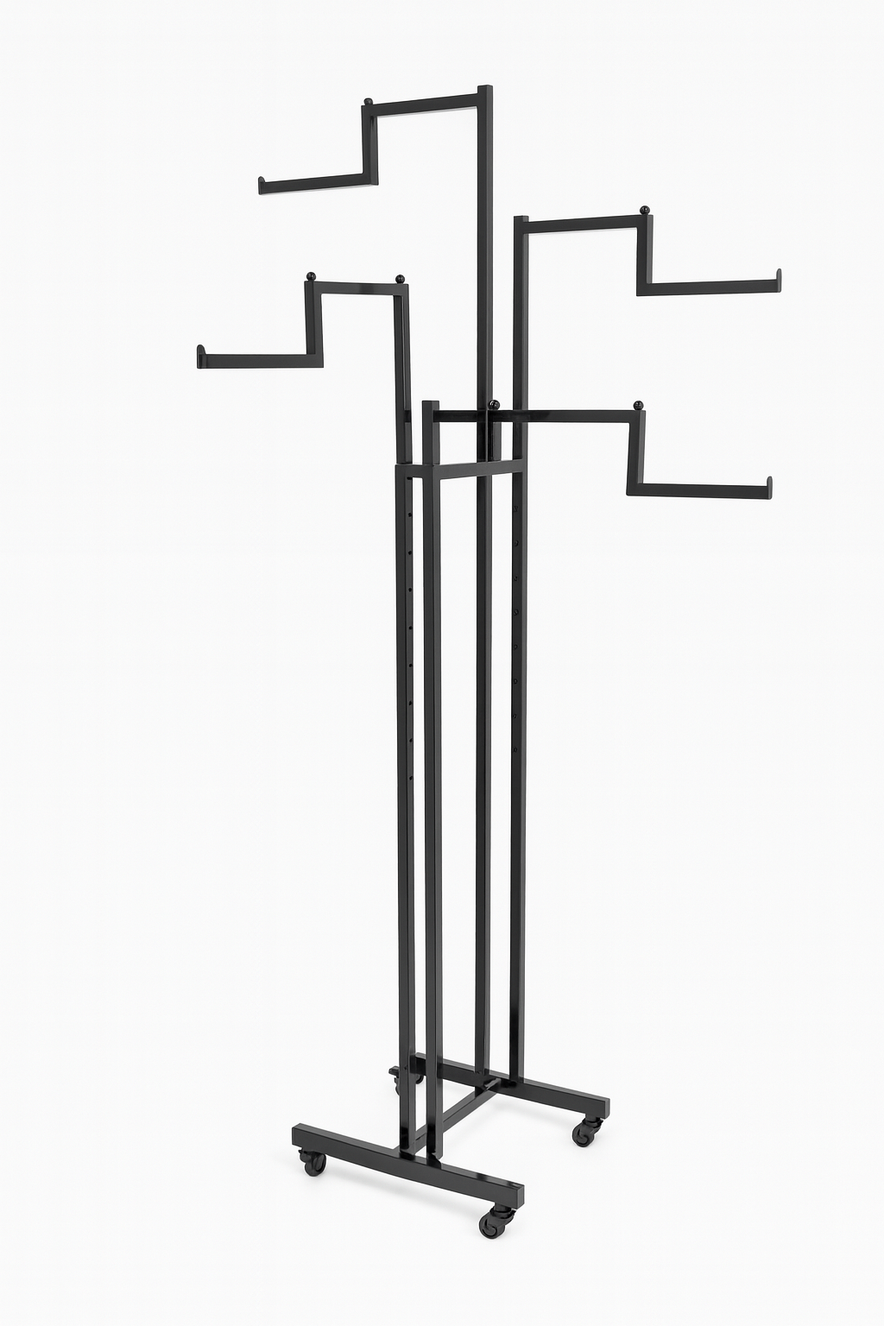 Heavy Duty 4-Way Step Arm Clothing Display Rail Stand –  Adjustable Black Retail Display Stand  with Castors & Brakes
