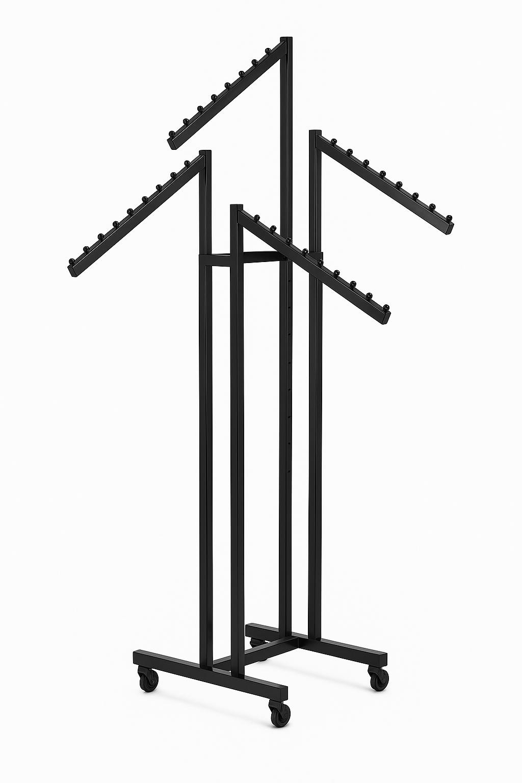 Heavy Duty 4-Way Waterfall Arm Clothing Rail – Adjustable Black Retail Display Stand  with Castors & Brakes