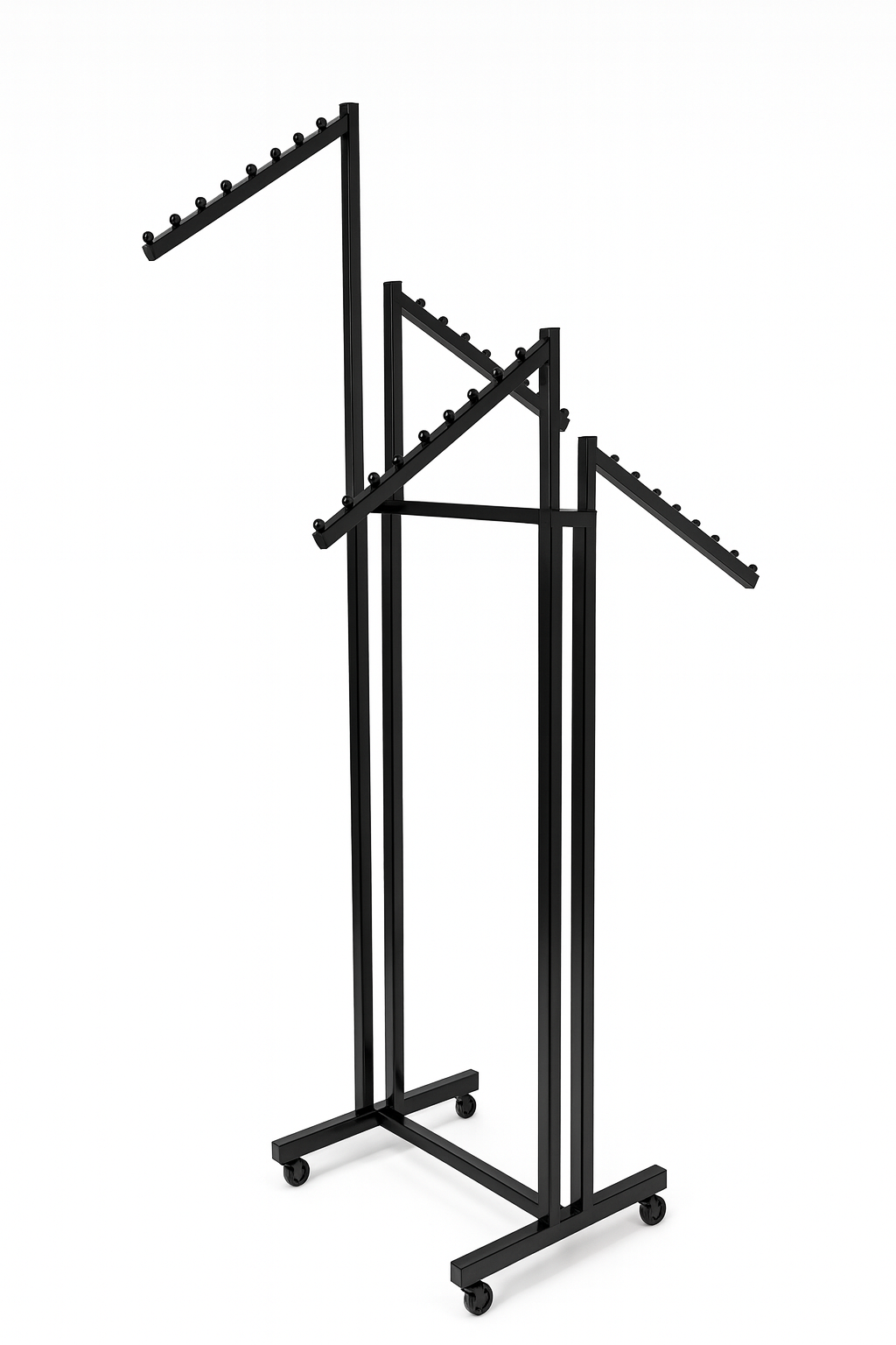 Heavy Duty 4-Way Waterfall Arm Clothing Rail – Adjustable Black Retail Display Stand  with Castors & Brakes