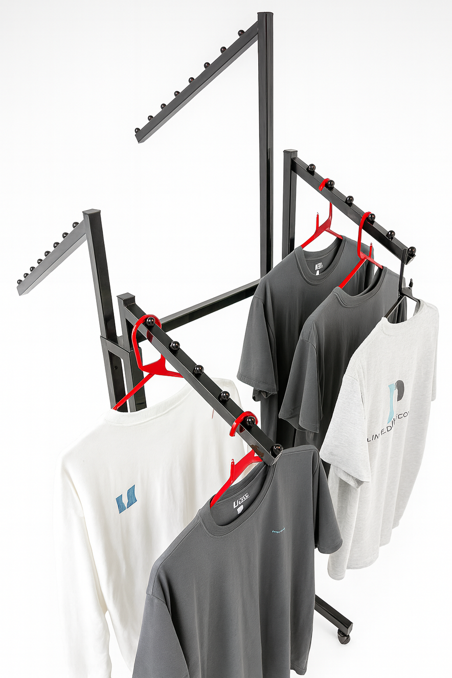 Heavy Duty 4-Way Waterfall Arm Clothing Rail – Adjustable Black Retail Display Stand  with Castors & Brakes
