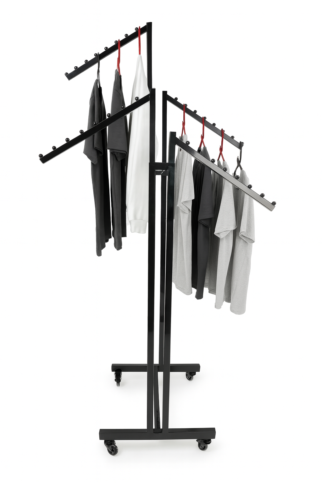 Heavy Duty 4-Way Waterfall Arm Clothing Rail – Adjustable Black Retail Display Stand  with Castors & Brakes