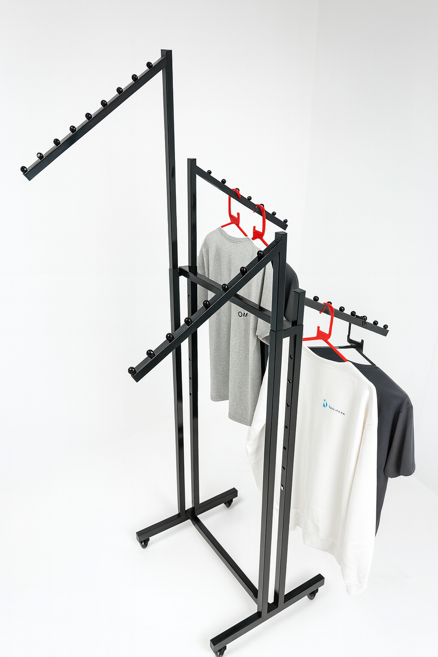 Heavy Duty 4-Way Waterfall Arm Clothing Rail – Adjustable Black Retail Display Stand  with Castors & Brakes
