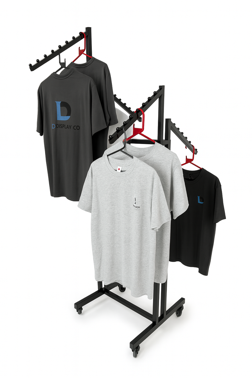 Heavy Duty 4-Way Waterfall Arm Clothing Rail – Adjustable Black Retail Display Stand  with Castors & Brakes