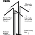 Heavy Duty 4-Way Waterfall Arm Clothing Rail – Adjustable Black Retail Display Stand  with Castors & Brakes