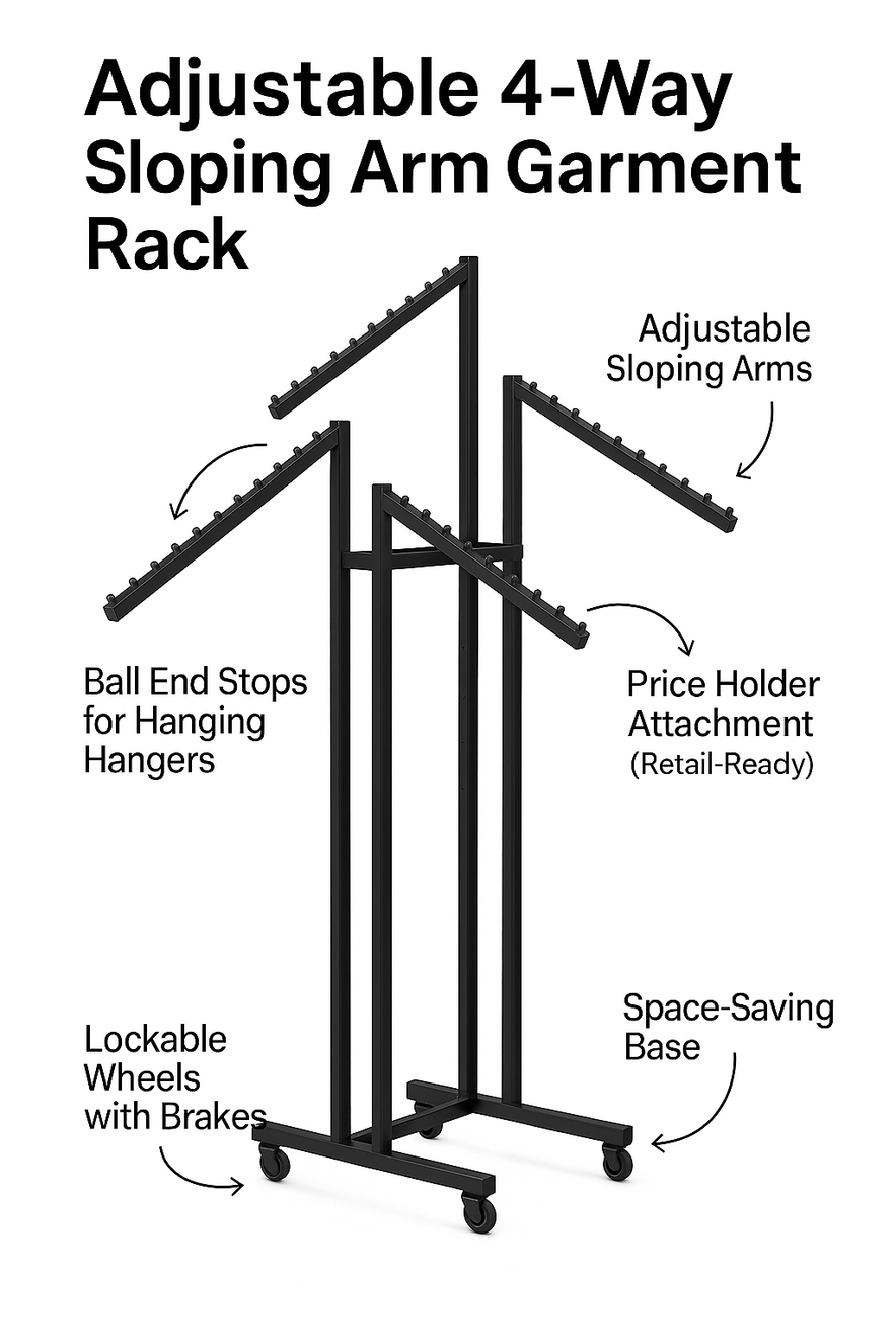 Heavy Duty 4-Way Waterfall Arm Clothing Rail – Adjustable Black Retail Display Stand  with Castors & Brakes
