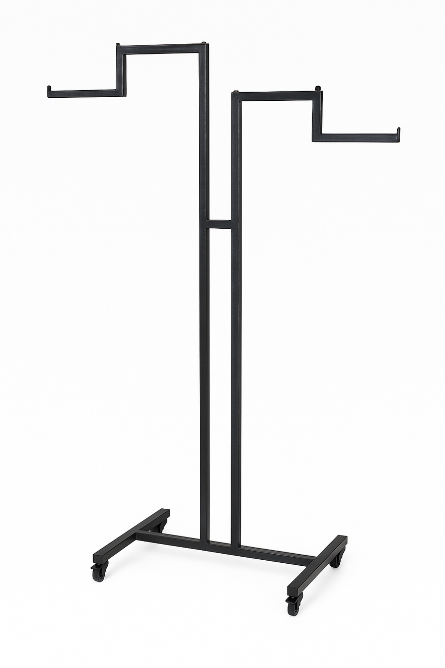 Heavy Duty 2-Way Step Arm Clothing Rail – Adjustable Black Retail Display Stand  with Castors & Brakes