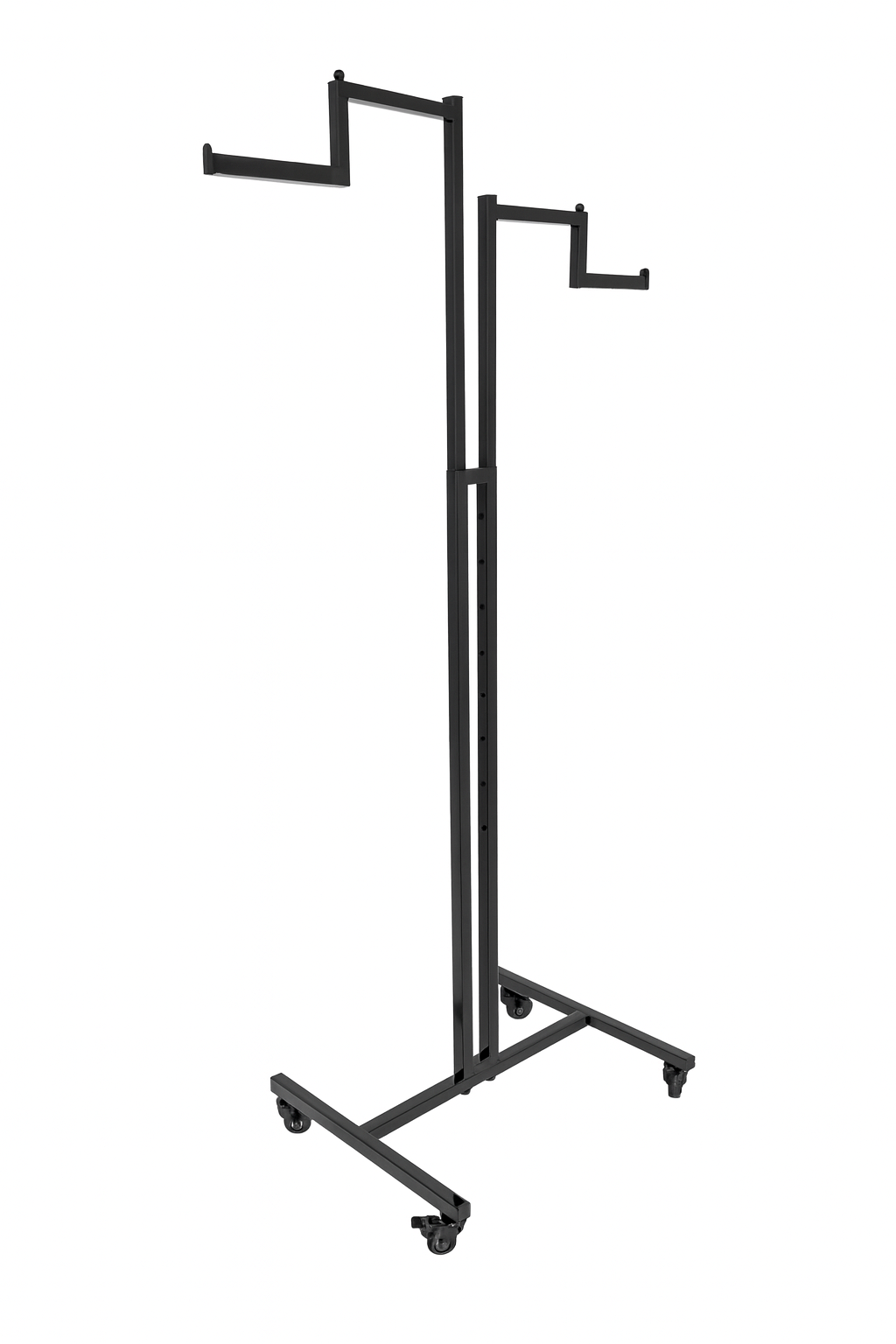 Heavy Duty 2-Way Step Arm Clothing Rail – Adjustable Black Retail Display Stand  with Castors & Brakes
