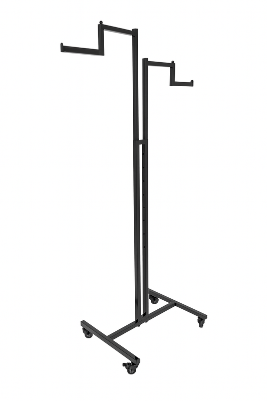Heavy Duty 2-Way Step Arm Clothing Rail – Adjustable Black Retail Display Stand  with Castors & Brakes