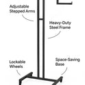 Heavy Duty 2-Way Step Arm Clothing Rail – Adjustable Black Retail Display Stand  with Castors & Brakes