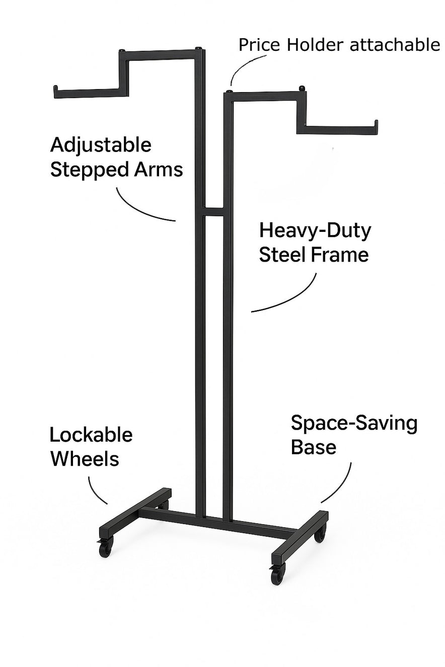 Heavy Duty 2-Way Step Arm Clothing Rail – Adjustable Black Retail Display Stand  with Castors & Brakes
