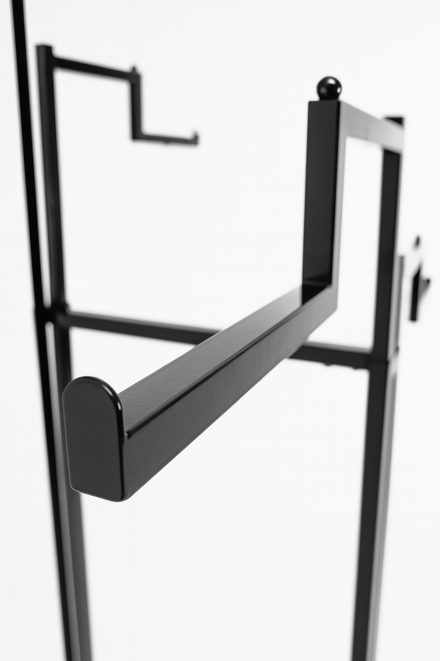 Heavy Duty 4-Way Step Arm Clothing Display Rail Stand –  Adjustable Black Retail Display Stand  with Castors & Brakes