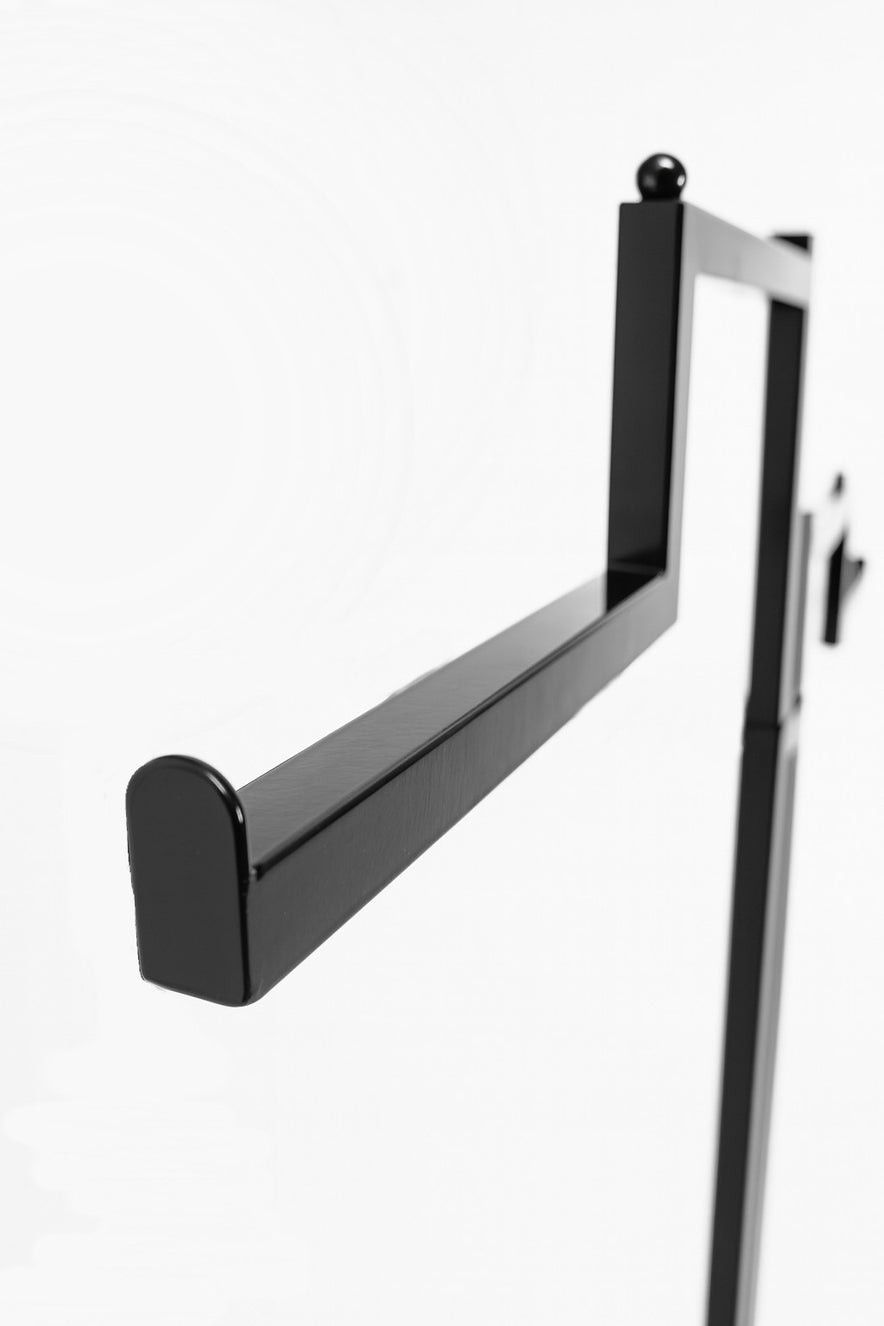 Heavy Duty 2-Way Step Arm Clothing Rail – Adjustable Black Retail Display Stand  with Castors & Brakes