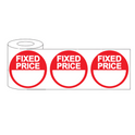 Roll of 500 round red stickers with 'FIXED PRICE' text in bold white letters, ideal for retail pricing displays and fixed-price labelling.