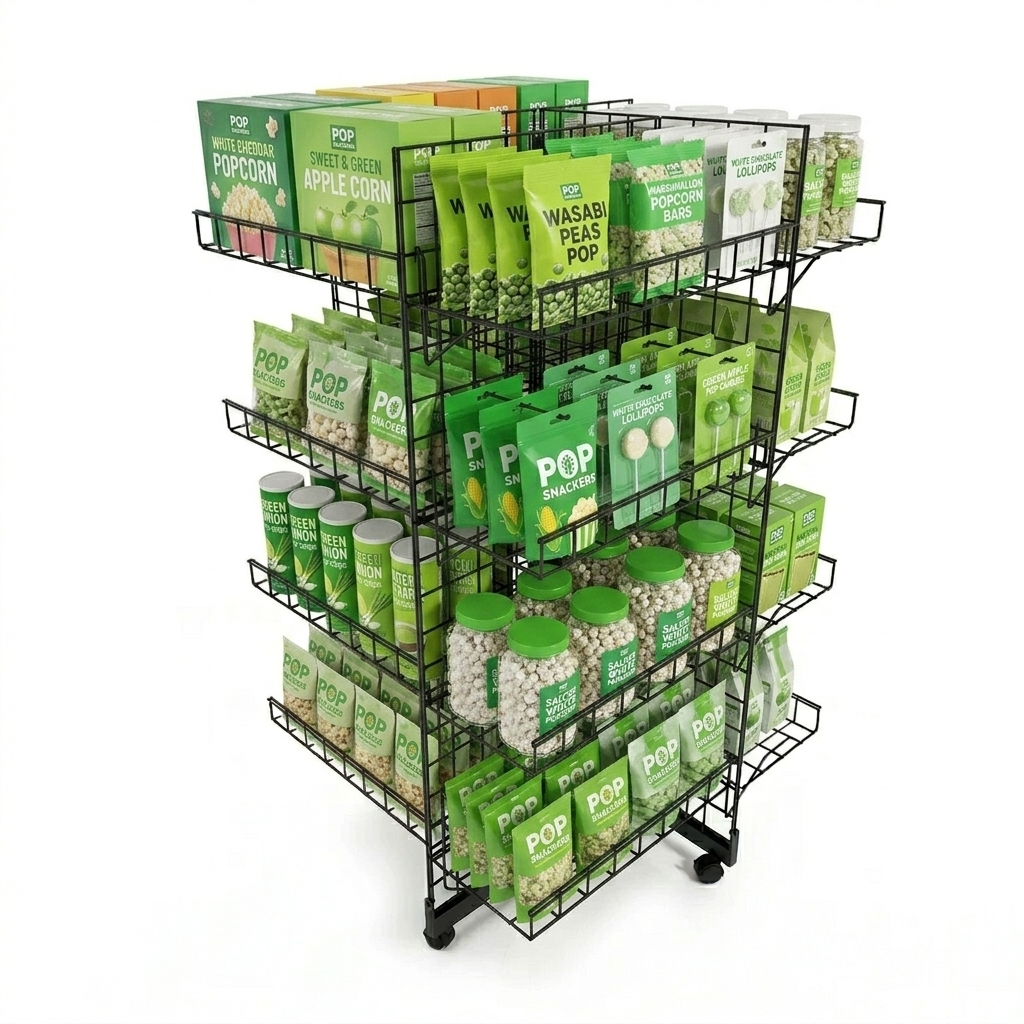 7ft Black 4-Way Grid Mesh Display Stand With 28 Shelves & Wheels