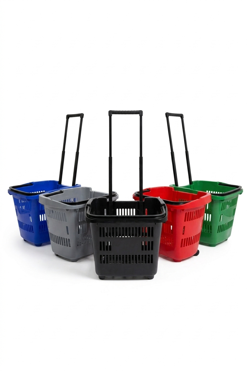31L Shopping Basket with Wheels & Telescopic Handle – Plastic Rolling Basket – 5 Colours