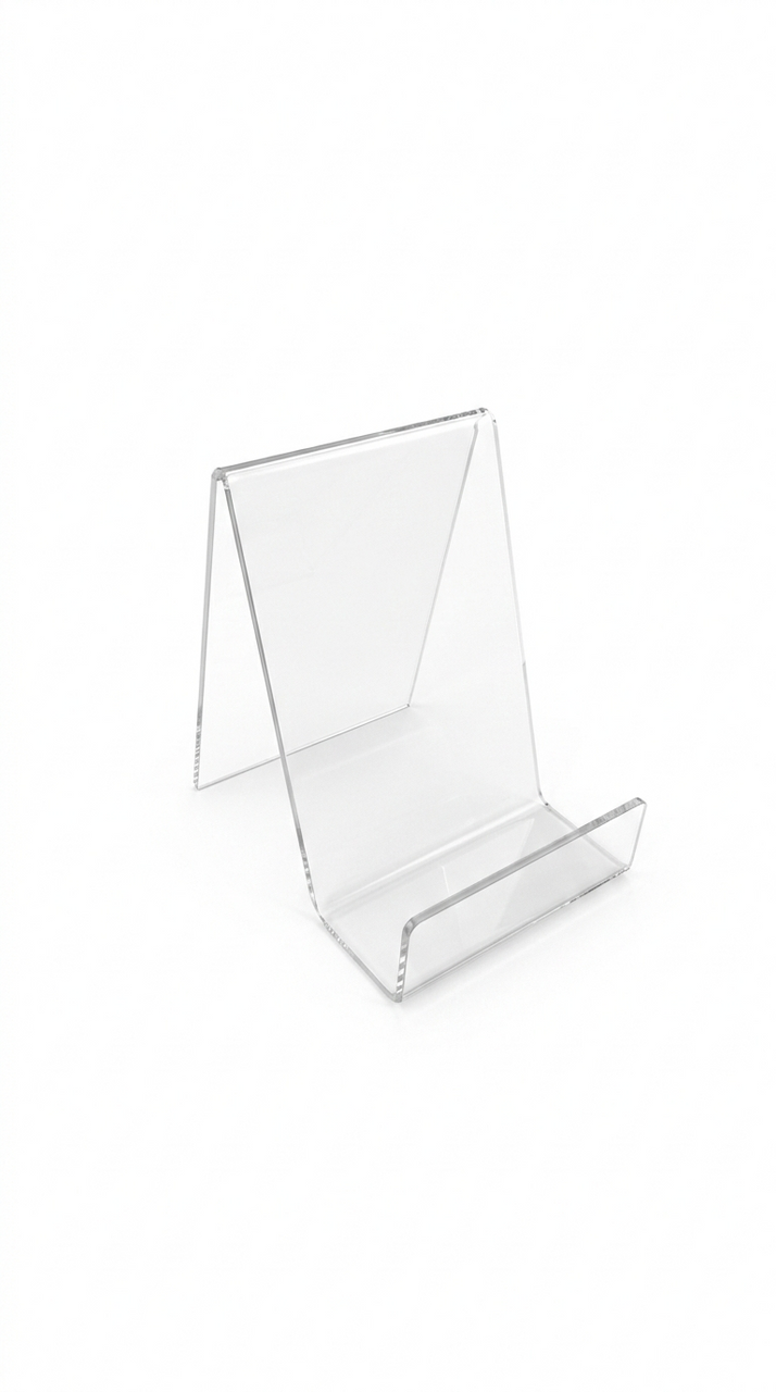 Clear Acrylic Book Display Stand / Easel with Lip – 75mm Wide – Brochure, Menu & Postcard Holder