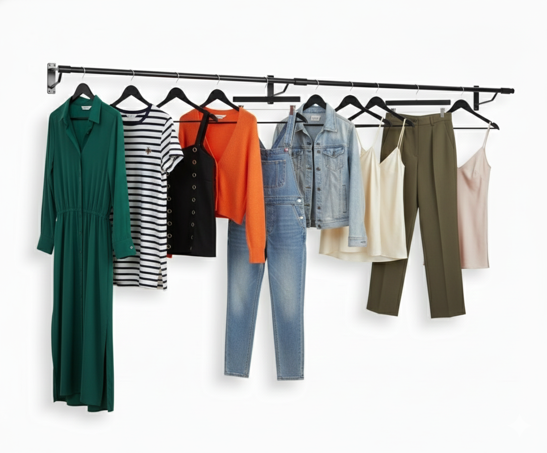 Gloss Black Wall-Mounted Clothes Rail – Sleek Heavy-Duty Steel Hanging Bar for Home & Retail Use