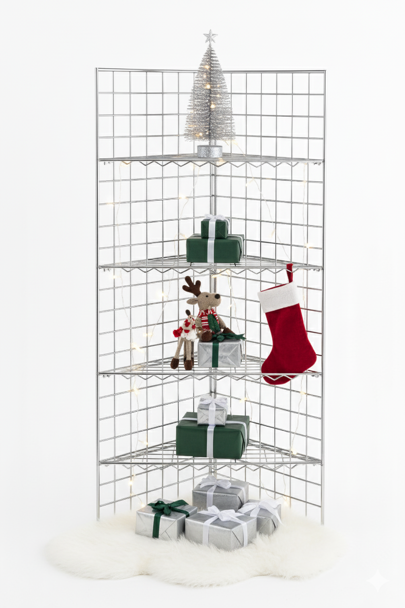 Triangular Corner Grid Mesh Shelf 24"x24" –Heavy Duty 6.5mm Steel,Chrome/Black