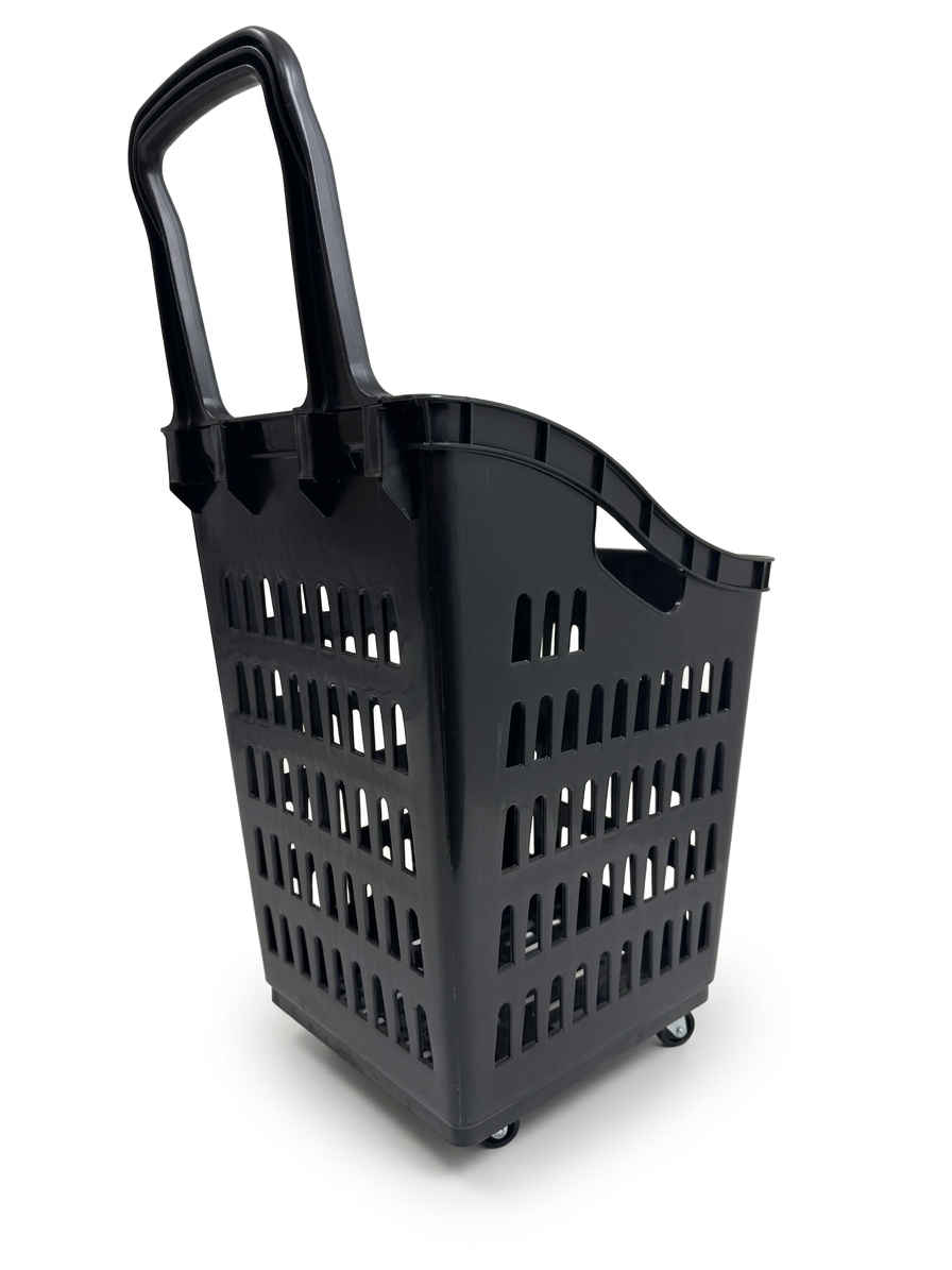 68L Shopping Basket with Wheels & Extendable Handle Plastic Rolling Retail Basket 5 Colours