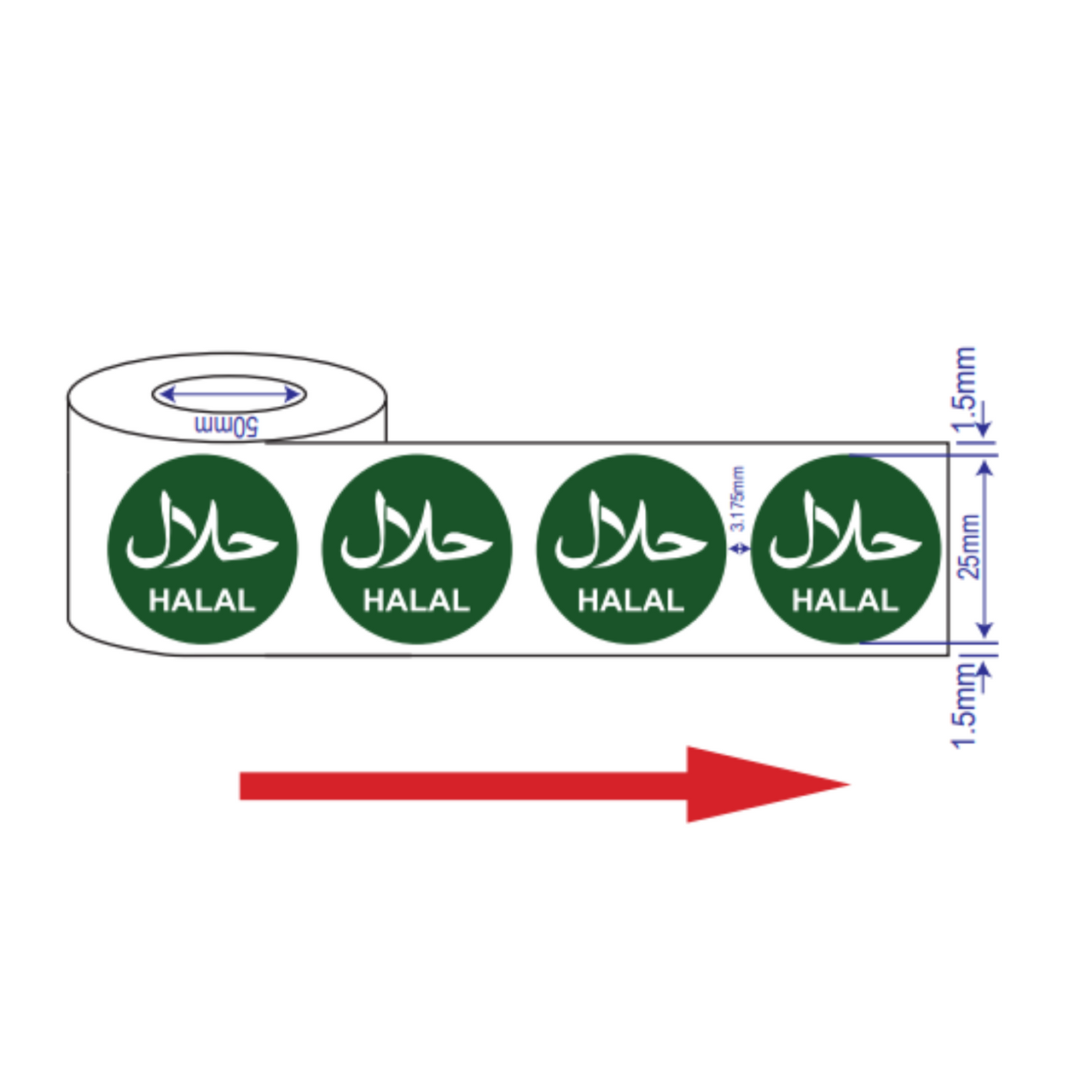 Plain green 25mm sticker featuring 'Halal' in white text in both Arabic and English, with a clean design, ideal for labelling food packaging