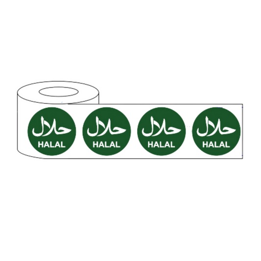 Plain green 25mm sticker featuring 'Halal' in white text in both Arabic and English, with a clean design, ideal for labelling food packaging