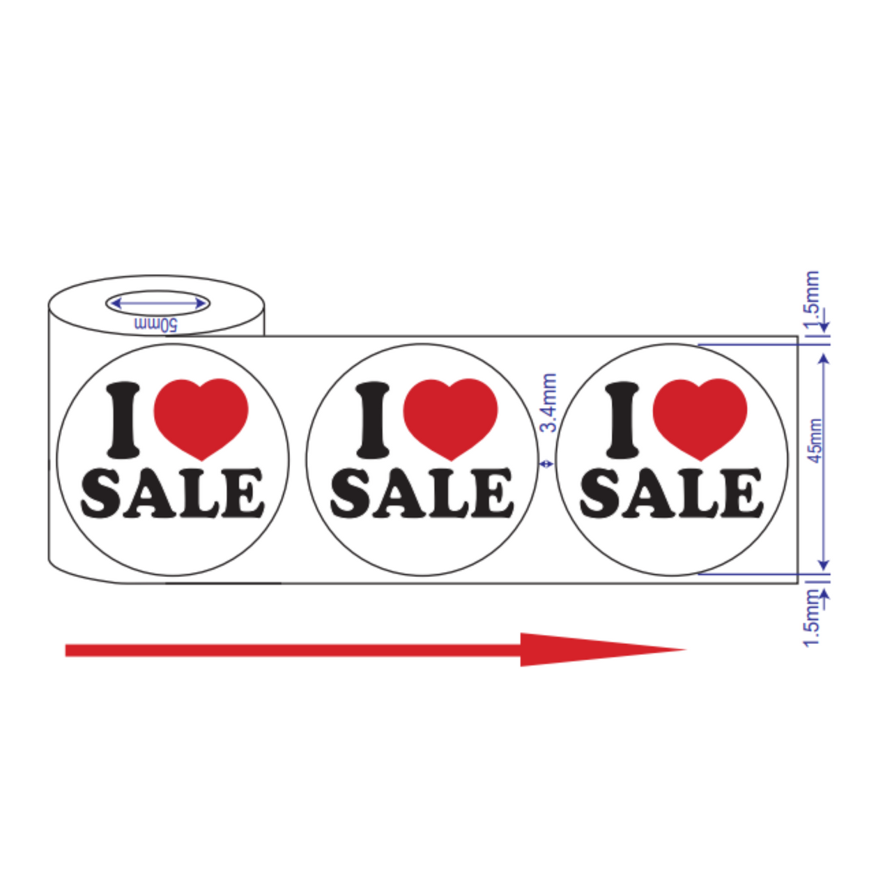 45mm round white sticker with black text "I Love SALE" and a red heart symbol, designed for retail promotions.