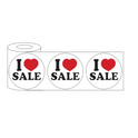 45mm round white sticker with black text "I Love SALE" and a red heart symbol, designed for retail promotions.